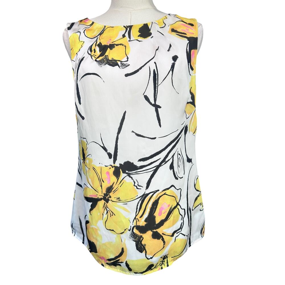 Merona Shirt Sleeveless Cottage Boho Summer Yellow Floral Silky Soft SZ S Artsy